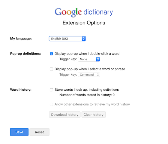 Google Dictionary setup window